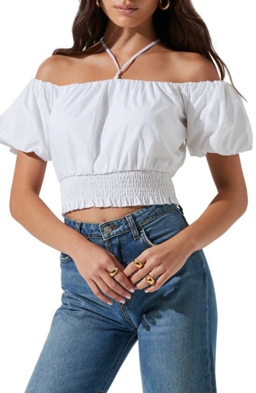 ASTR The Label Aldrin Halter Off-The-Shoulder Cotton Top - S